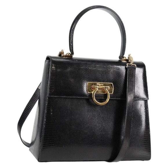 Salvatore Ferragamo Gancini Bag Leather Embossed 2way Black Gold Auth - Picture 1 of 15